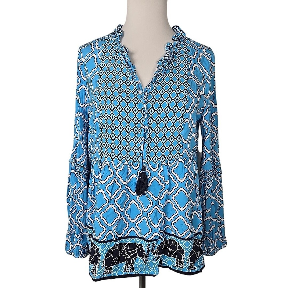Crown & Ivy Blue Elephant Print Long Sleeve Tie Front Rayon Blouse Top Medium M